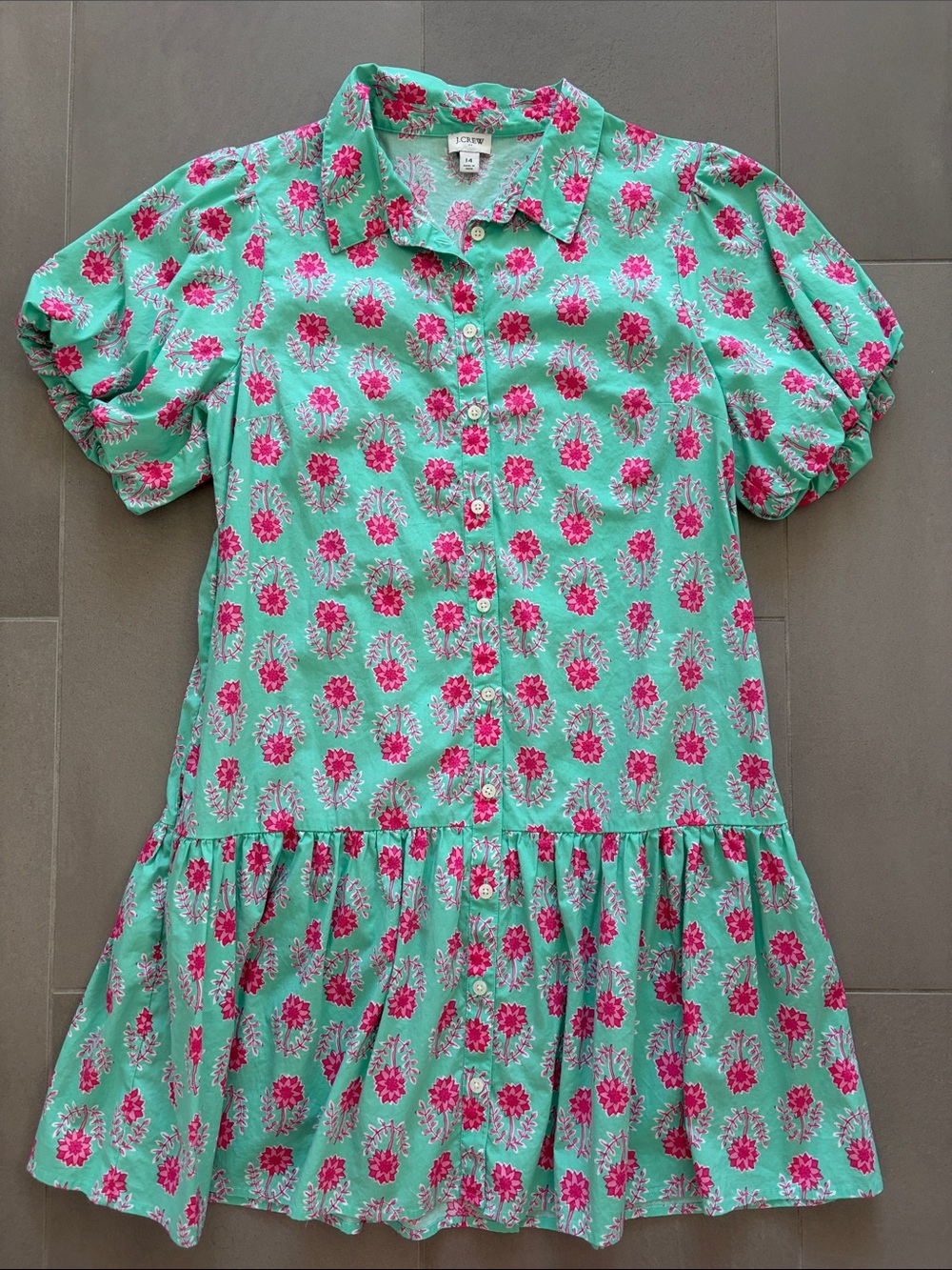 J. Crew Mint Green Shirt Dress with Pink Floral Print